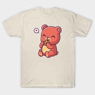 Cute Bear Eating Pizza Cartoon T-Shirt